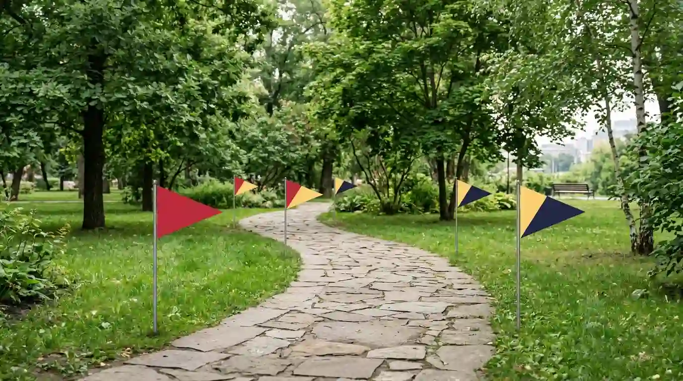 Weg in einem Park mit farbigen Markierungsfahnen an mehreren Etappen