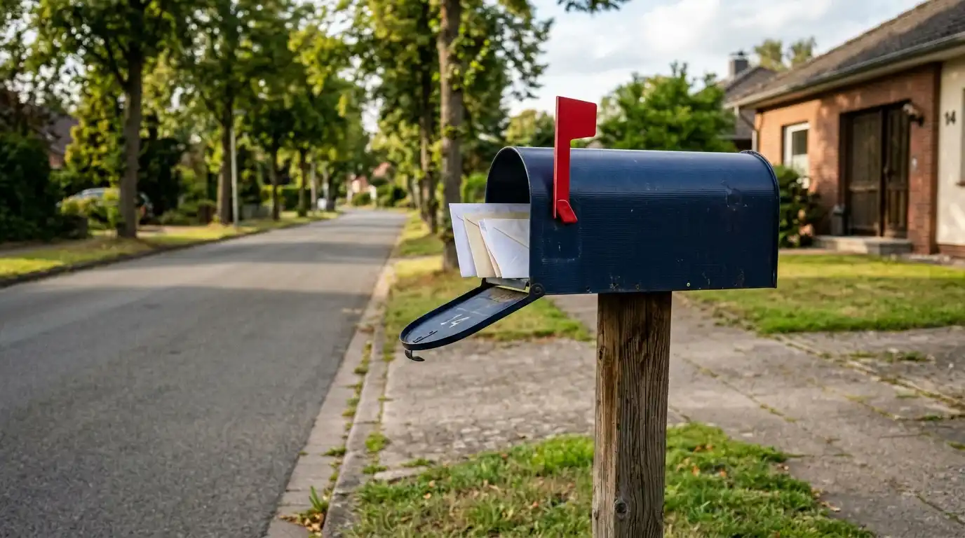 Offener Briefkasten mit angehobener Fahne und Umschlägen am Straßenrand