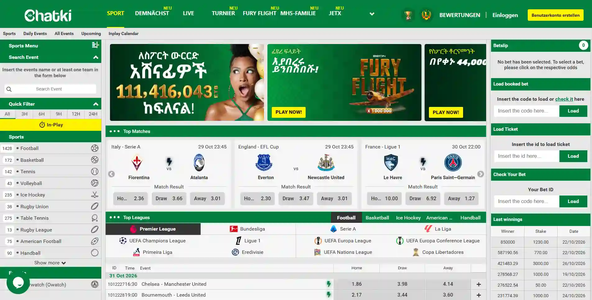 Prematch-Sportmenü von Chatki Bet mit Sportkategorien und Wettquoten