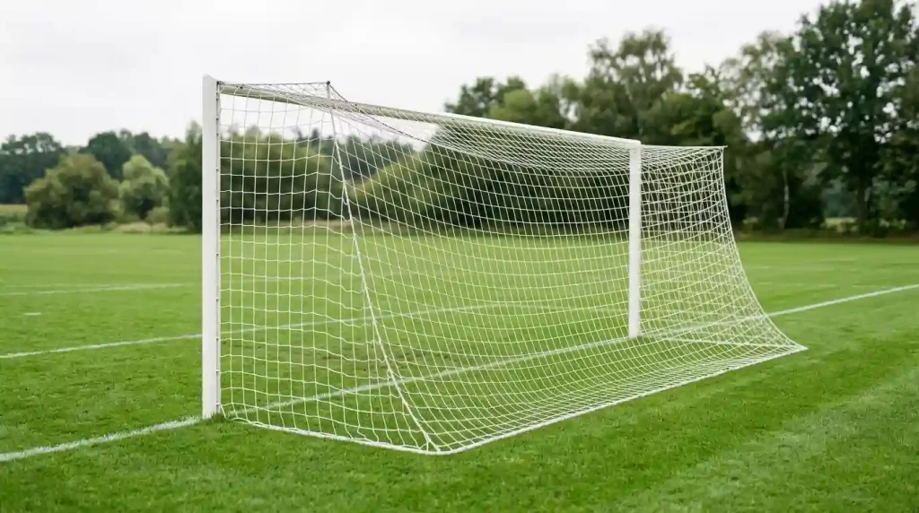 Fußballtor mit straffem Netz vom Spielfeld aus schräg betrachtet