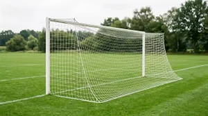 Fußballtor mit straffem Netz vom Spielfeld aus schräg betrachtet