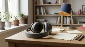 Headset neben Briefumschlägen und einem Notizblock auf einem Schreibtisch