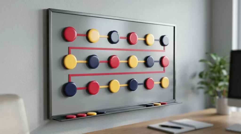 Magnettafel mit zwei Sportereignissen, Zahlenfeldern und farbigen Markierungen