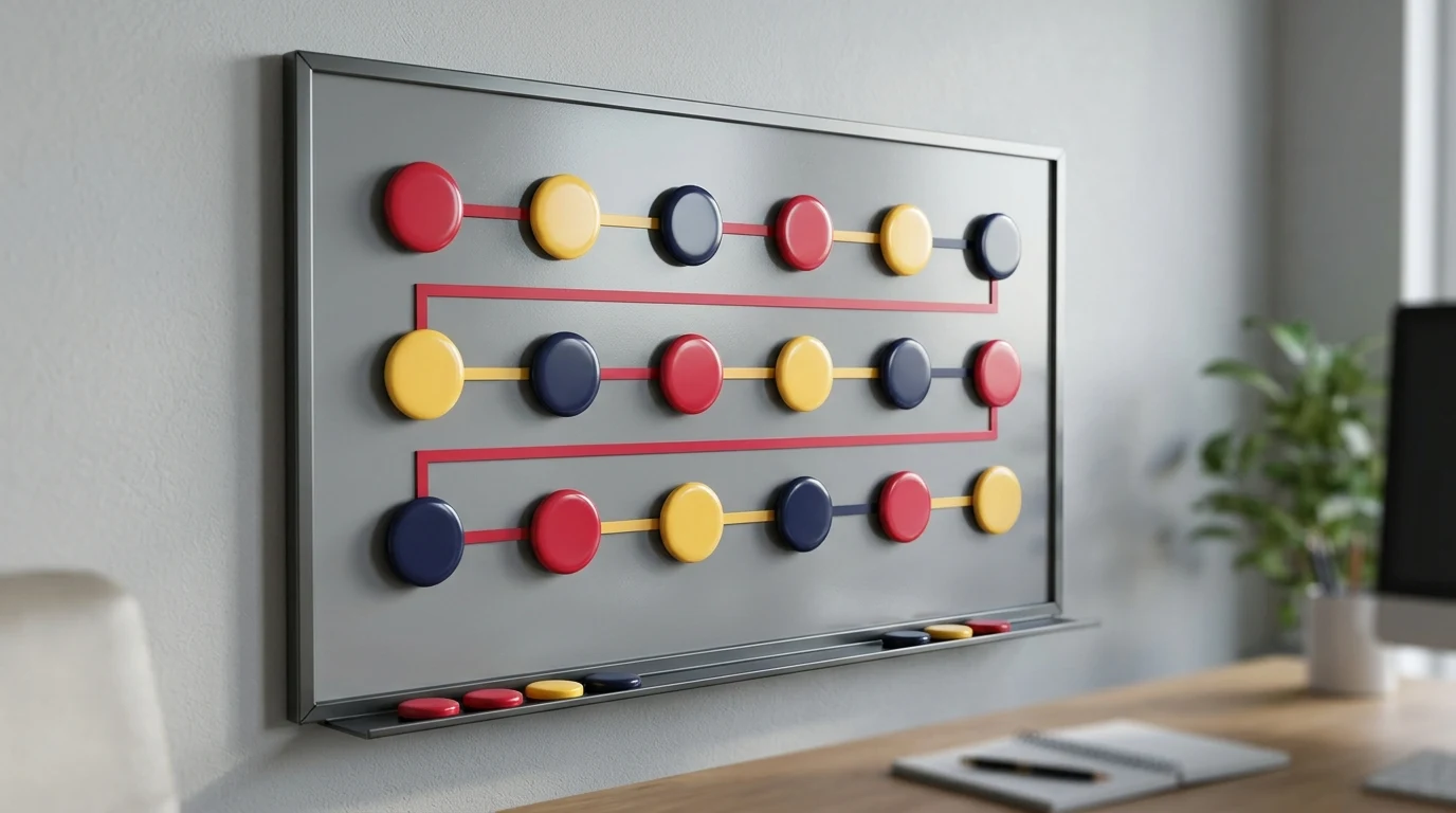 Magnettafel mit zwei Sportereignissen, Zahlenfeldern und farbigen Markierungen