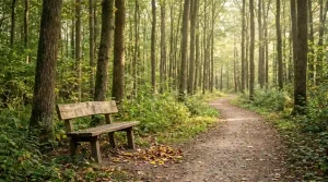 Ruhiger Waldweg mit hölzerner Sitzbank und kleinen Farbflächen am Wegrand