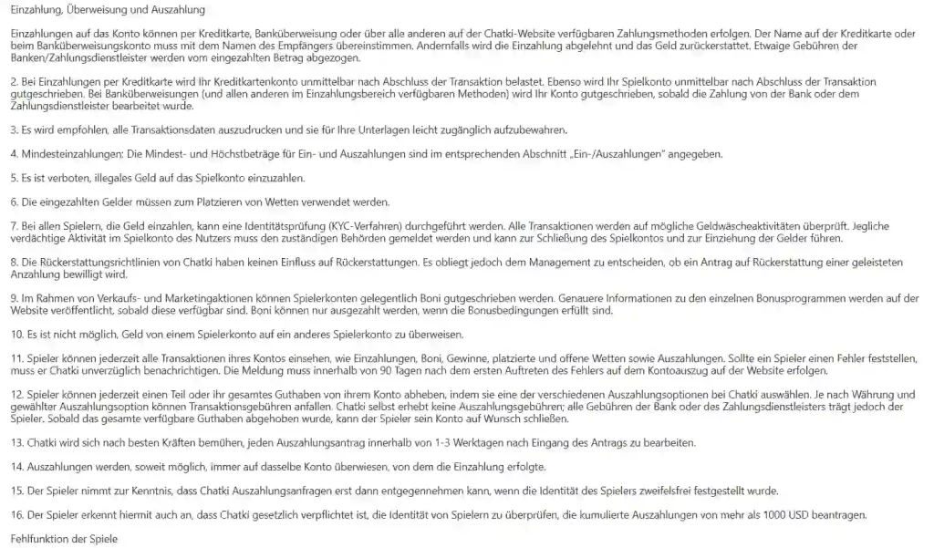 Öffentlich zugängliche Chatki-Bedingungen zu Einzahlungen per Karte und Überweisung