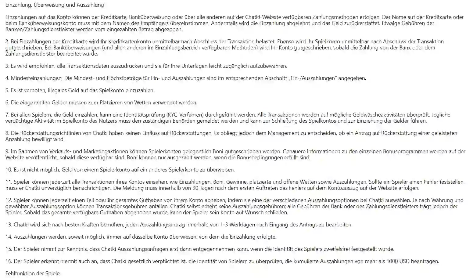 Öffentlich zugängliche Chatki-Bedingungen zu Einzahlungen per Karte und Überweisung